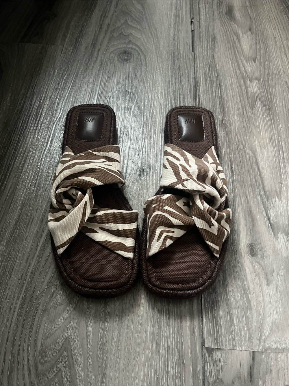 H&M Brown and Cream Zebra Knot Slide Sandals